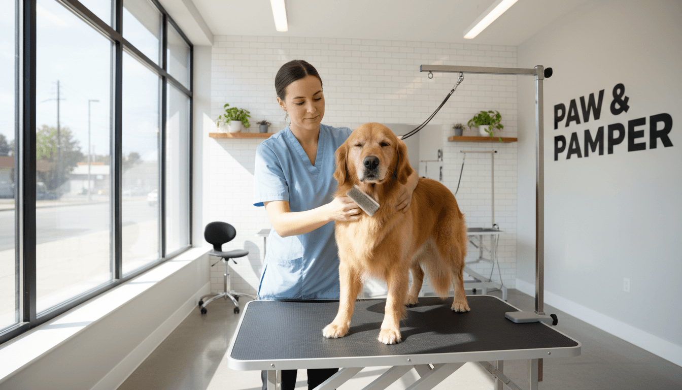 Professional groomer gently brushing a calm dog in a bright grooming salon