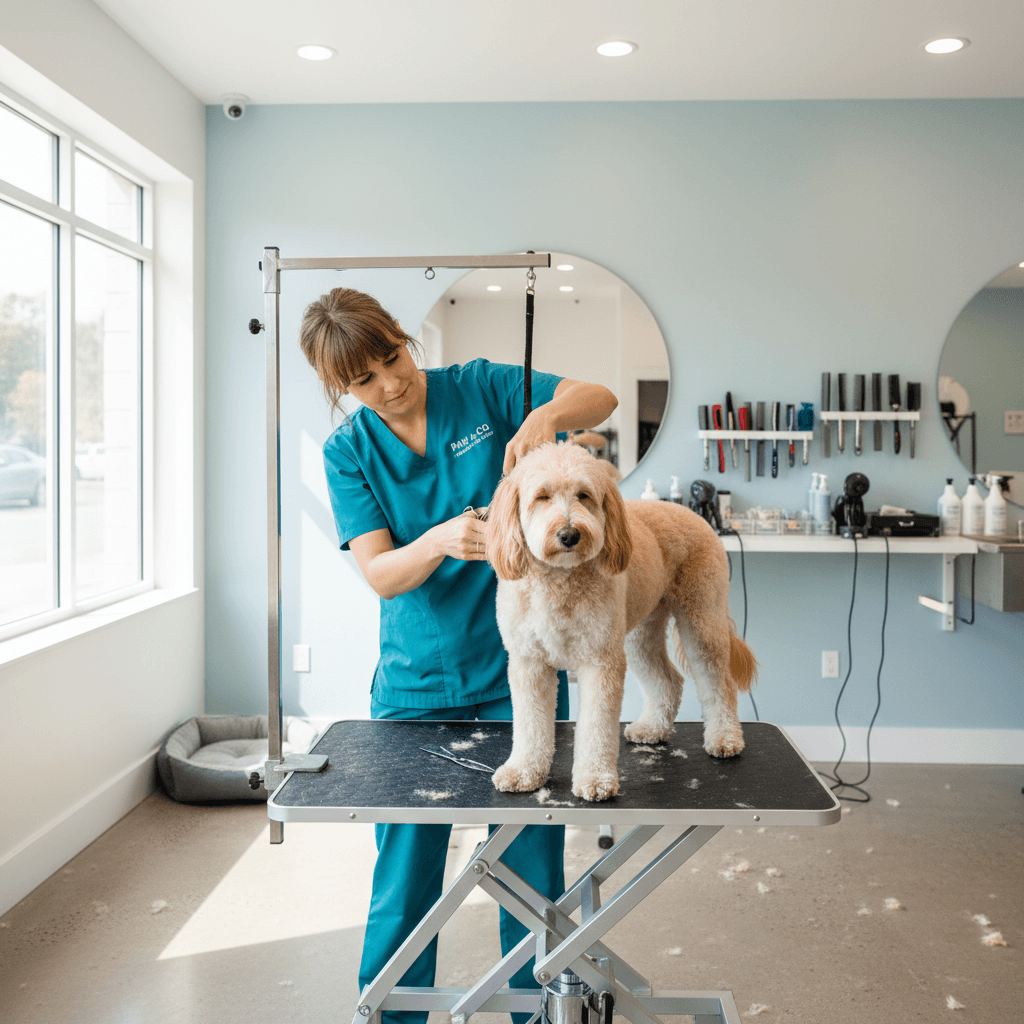 groomer carefully trimming fluffy dog fur with scissors in bright salon