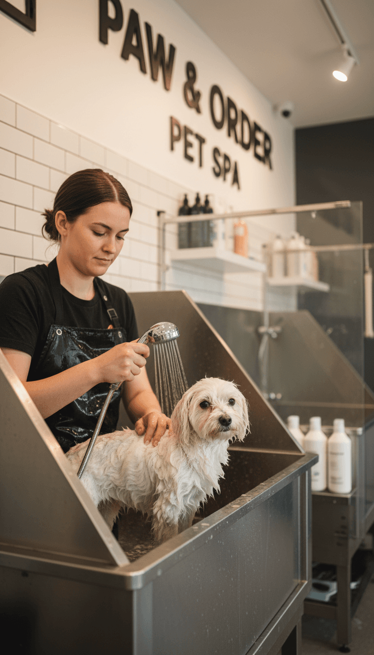 Gentle bathing of a calm dog at a Toronto grooming salon