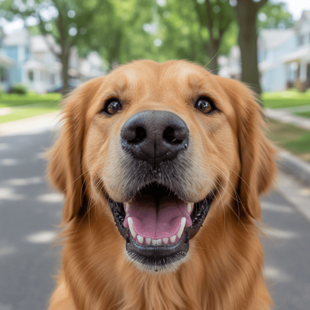 Happy small dog showing off its rounded face trim
