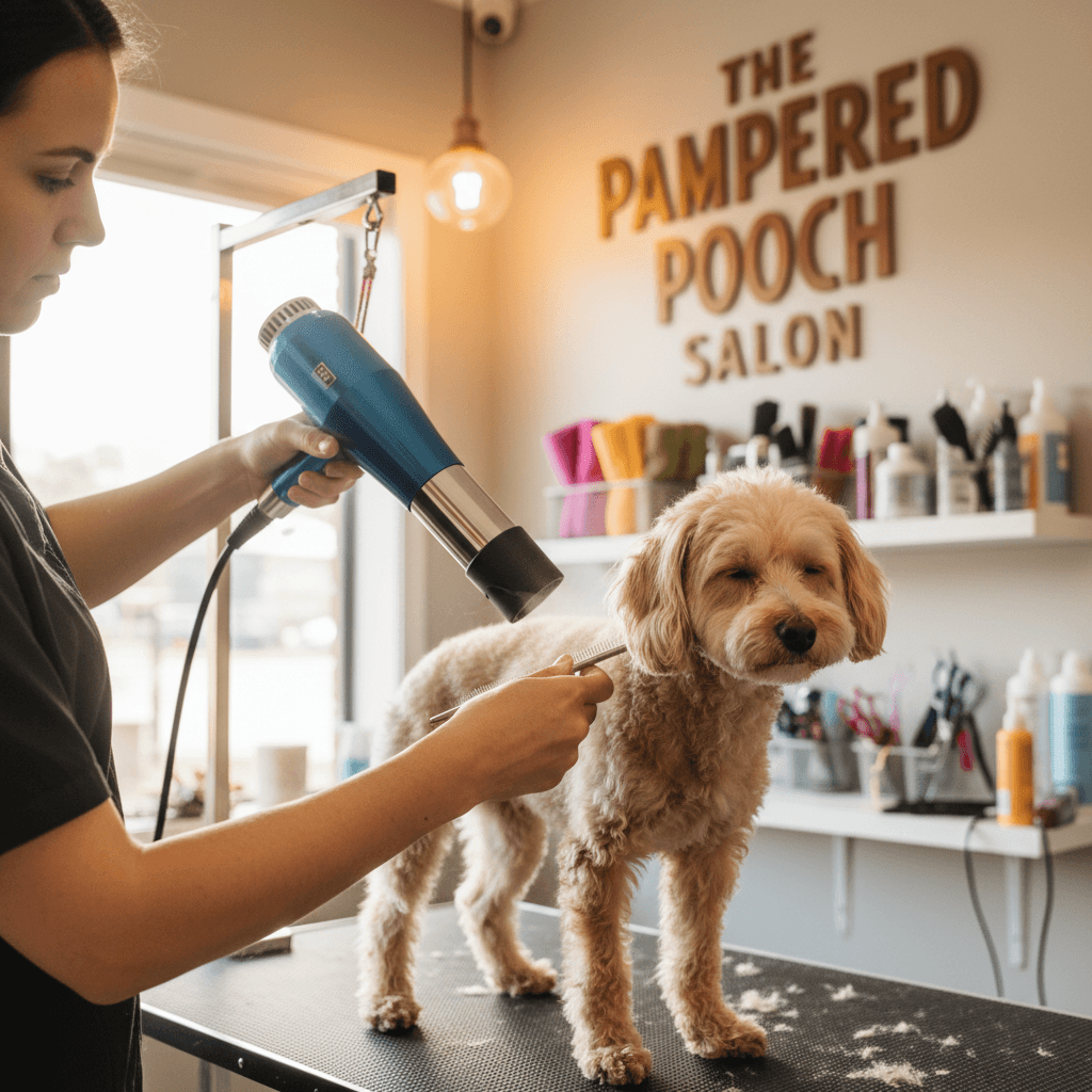 Groomer brushing out a curly coat during a session