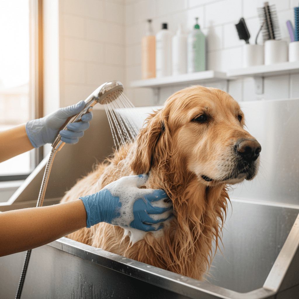 Golden retriever being bathed with gentle hands in professional grooming salon