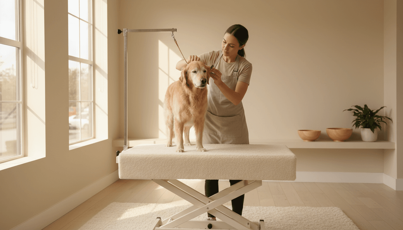 Professional groomer calmly comforting a happy dog during a session