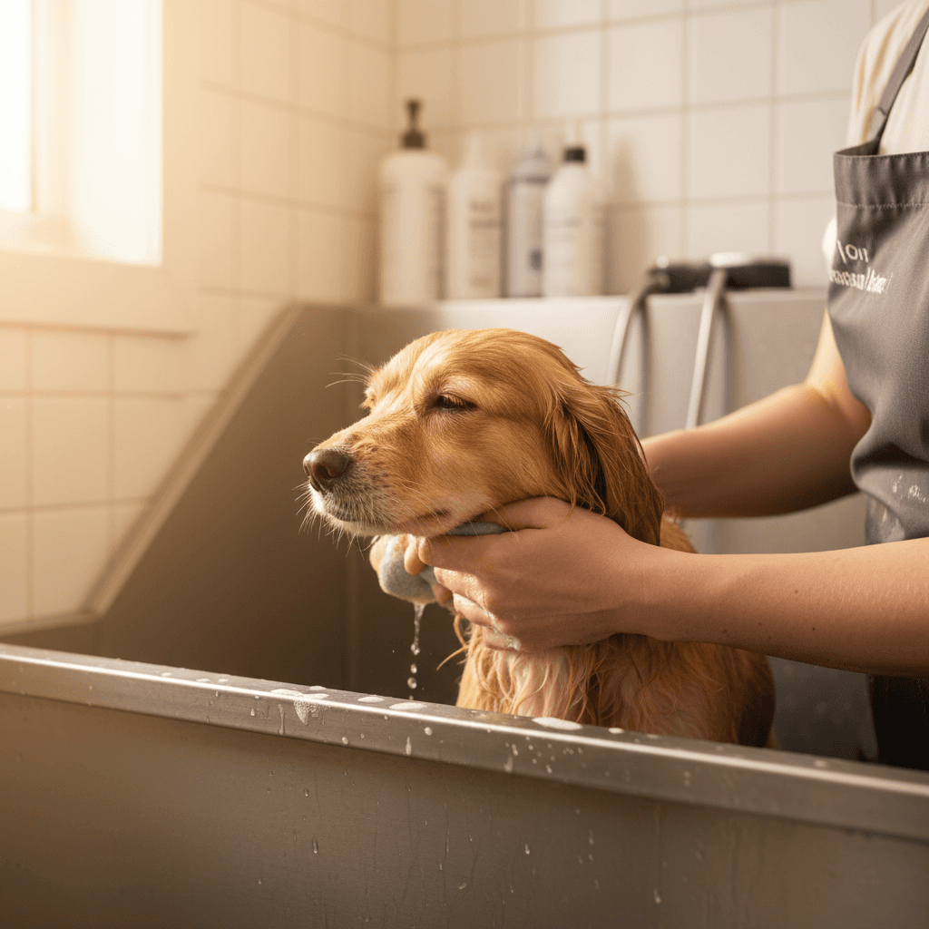 Groomer gently petting a calm dog in a bright, clean grooming studio