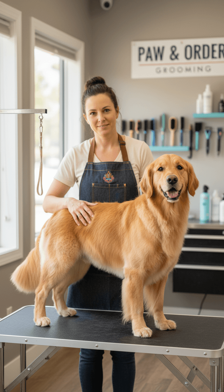 Goldendoodle with a neatly styled curly coat