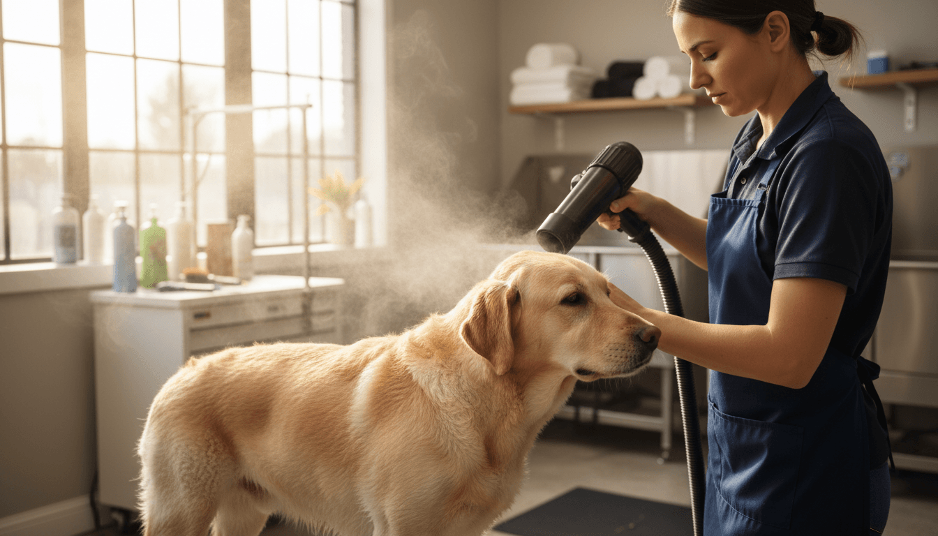 Groomer gently brushing a calm dog during a session