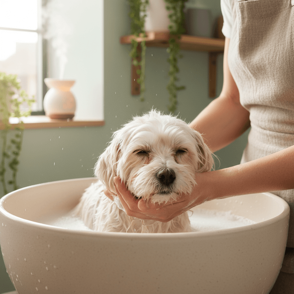 Pet groomer brushing a relaxed dog in a calm, bright grooming studio