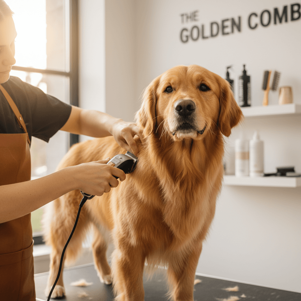 Groomer gently reassuring a calm dog during a session