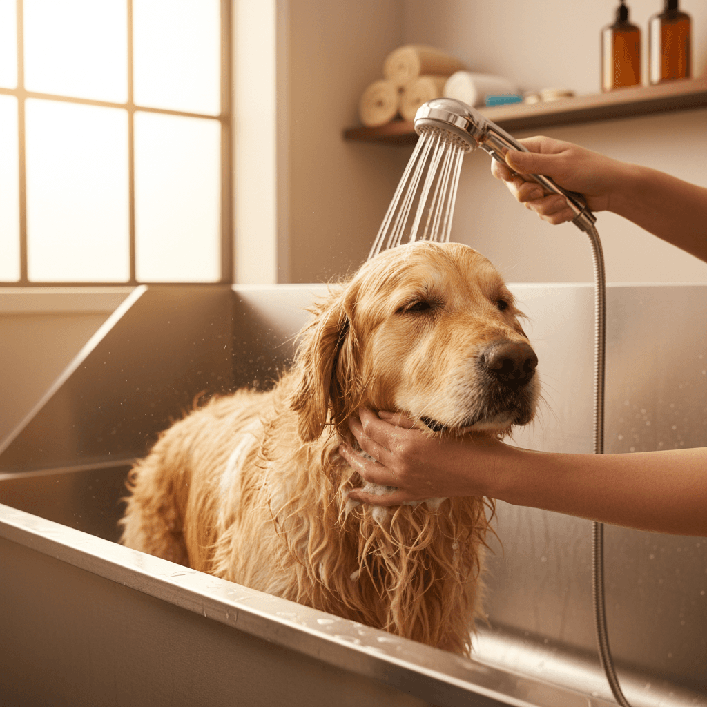 Small fluffy dog smiling after a bath and towel dry