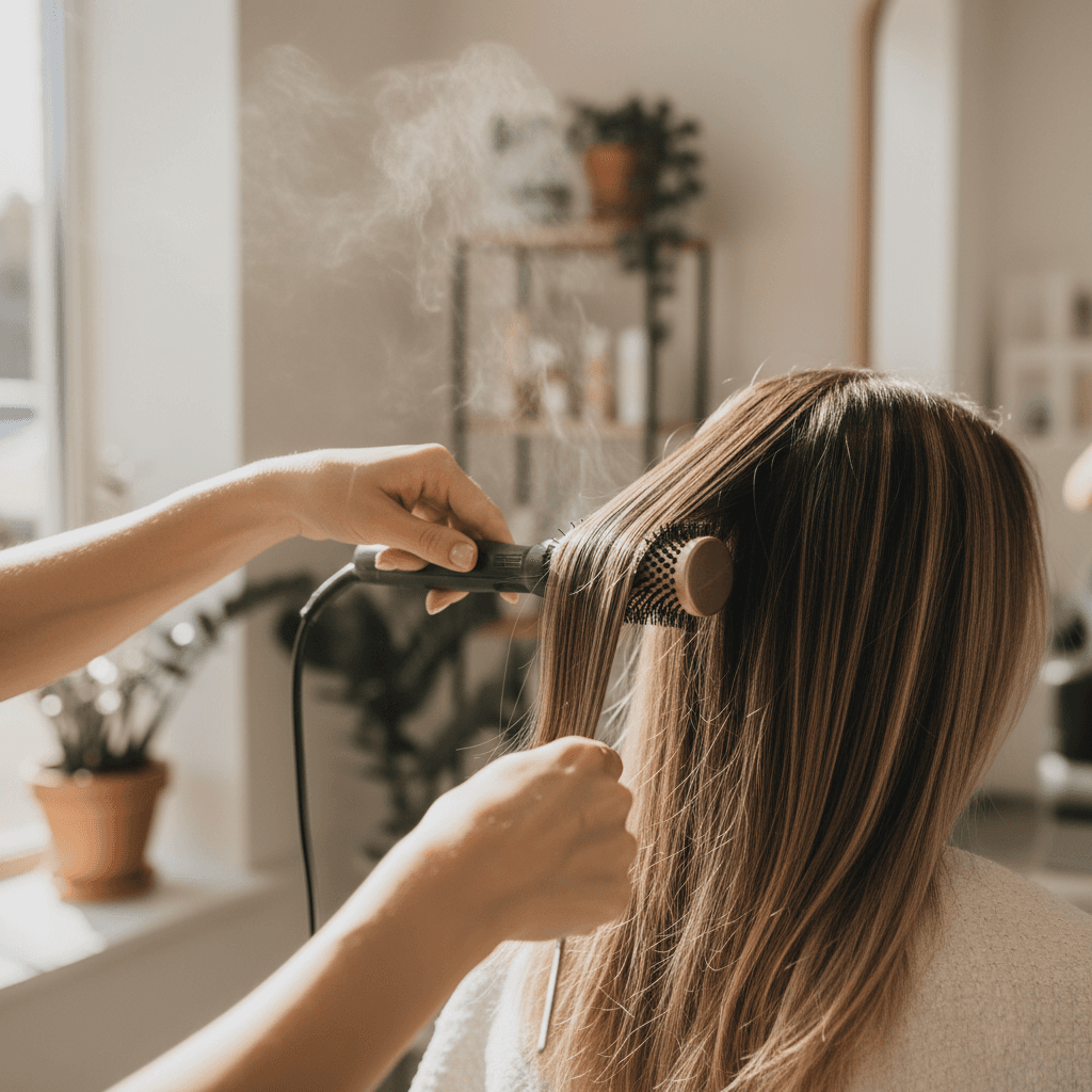 Happy dog being gently groomed by a professional in a bright salon