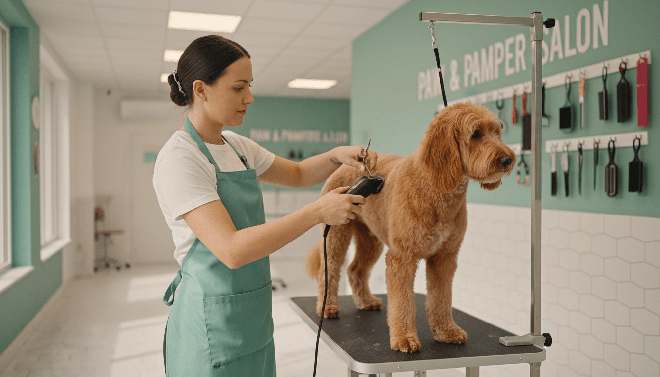 Dog getting a careful haircut trim at a grooming table