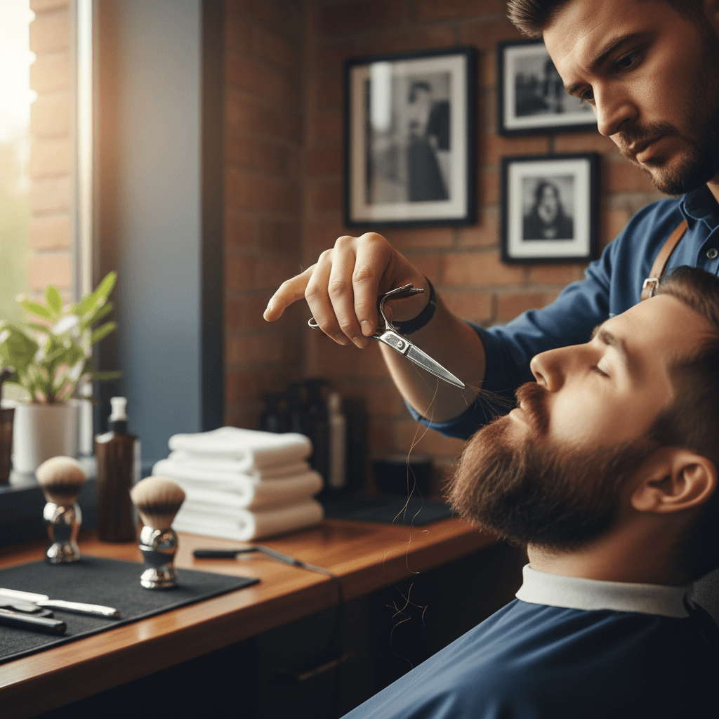 groomer carefully trimming fluffy dog fur with scissors in bright salon