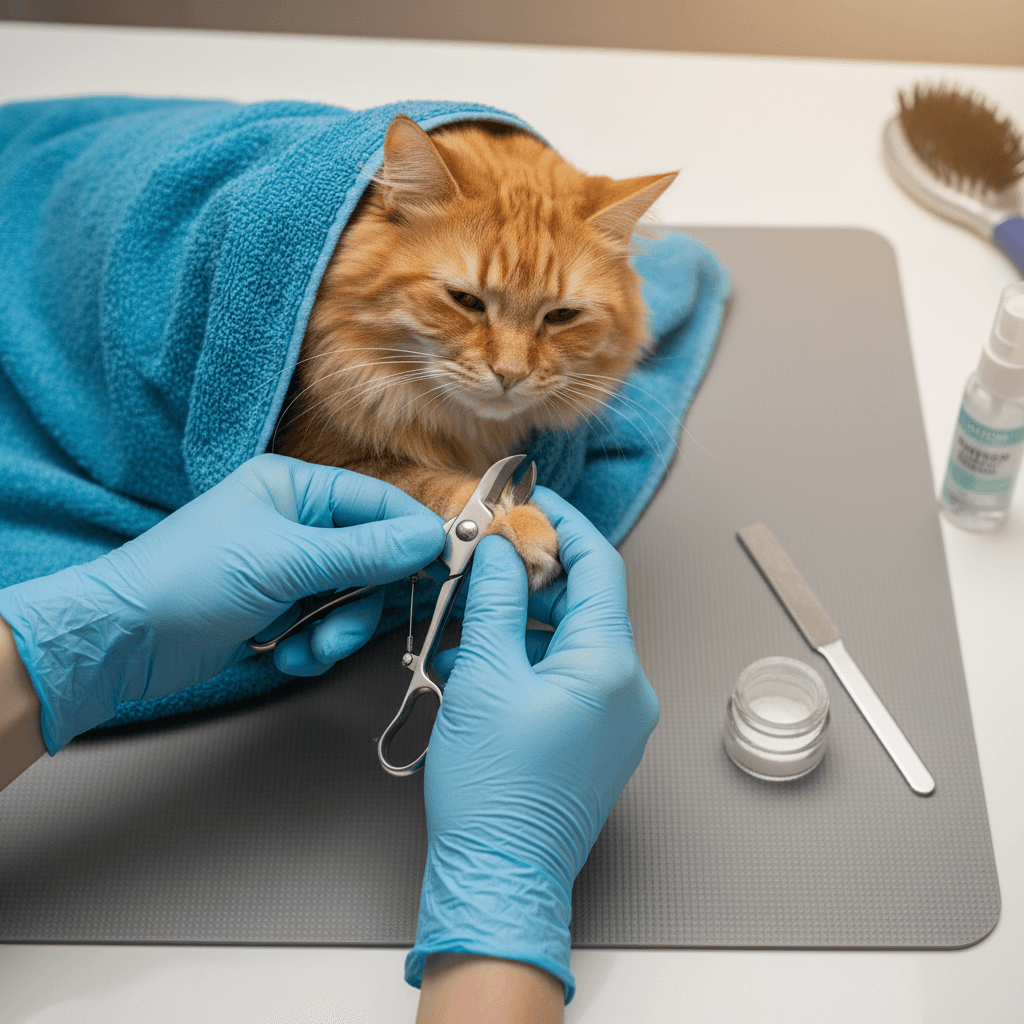 Cat receiving a gentle nail trim from a professional groomer